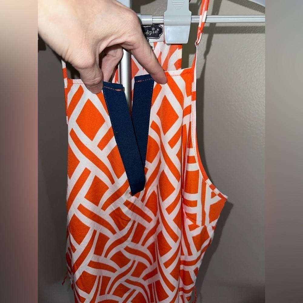 Mud Pie Orange White Geometric Dress Navy Trim - Picture 4 of 5